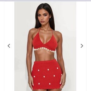 Karly Crochet Seashells Halter Mini Skirt Set - Rust